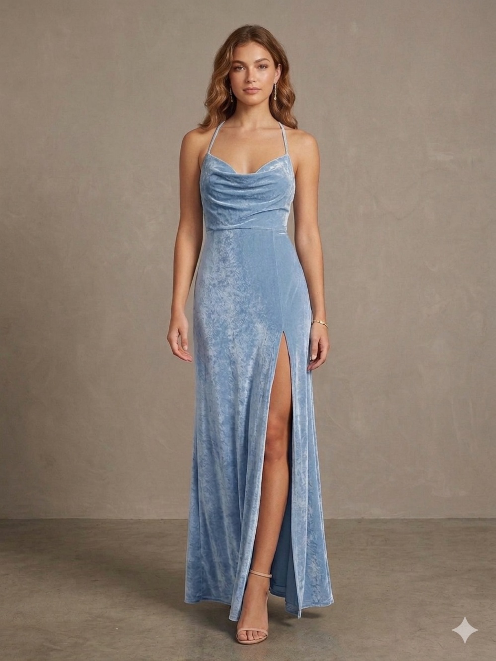Lucy In The Sky Sz M Baby Blue Halter Velvet High Slip Maxi Evening Dress